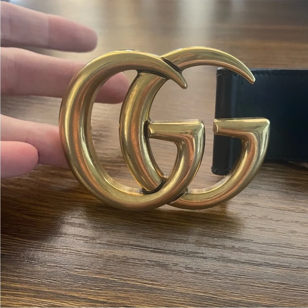 Gucci Black and Gold Leather Belt with Iconic Double G Buckle (thick Gucci belt) - Picture 4 of 14